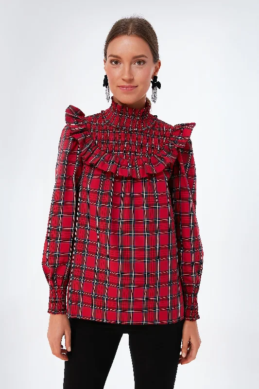 Red Plaid Smocked Neck Top