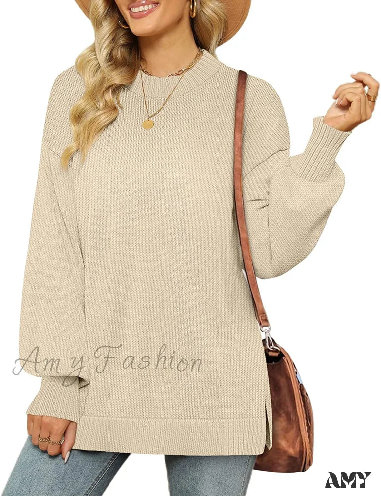 Amy Fashion - Women's Crew Neck Lantern Sleeves Side Slit Ribbed Sweater