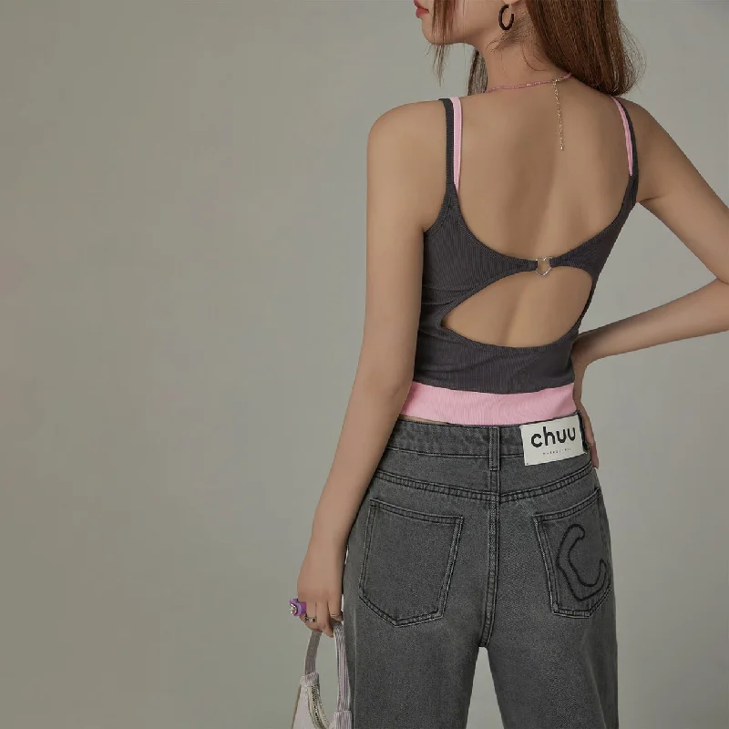 Color Open Back Cutout Slim Sleeveless Cami Top