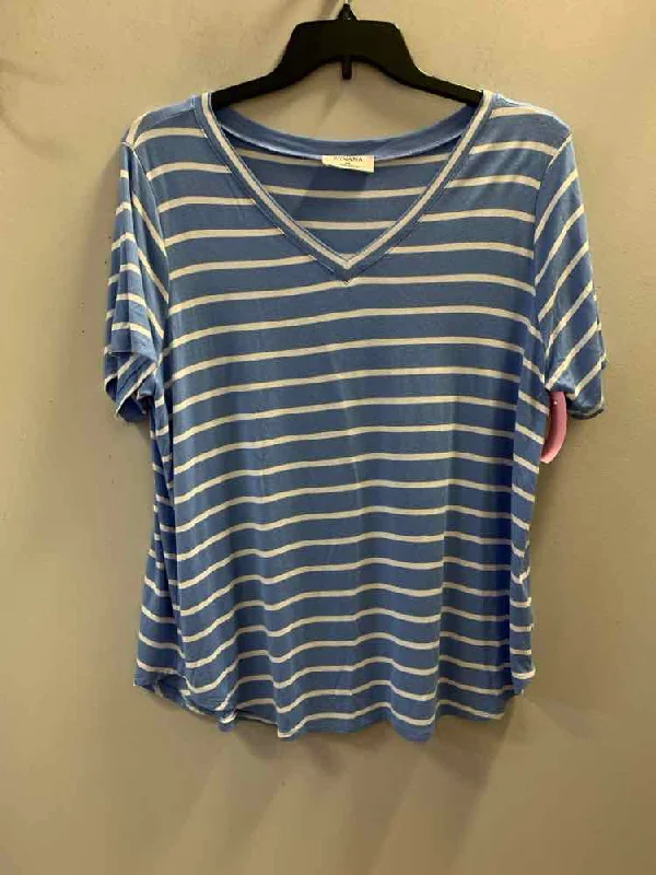 ZENANA Tops Size 1X BLU/WHT Stripe SHORT SLEEVES TOP