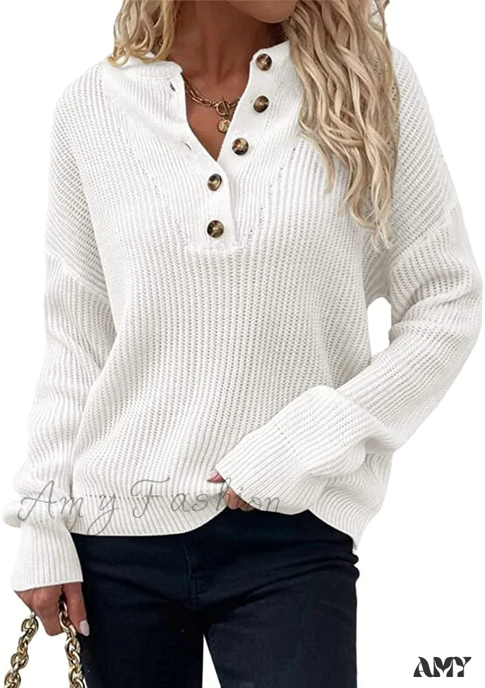 Amy Fashion - Women's  Loose Button V Neck Long Sleeve Sweater