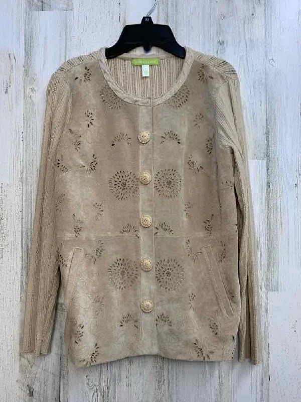 PRE-OWNED SIGRID OLSEN Tops Size S Tan Floral LONG SLEEVES TOP/EMBOSSED LEATHER