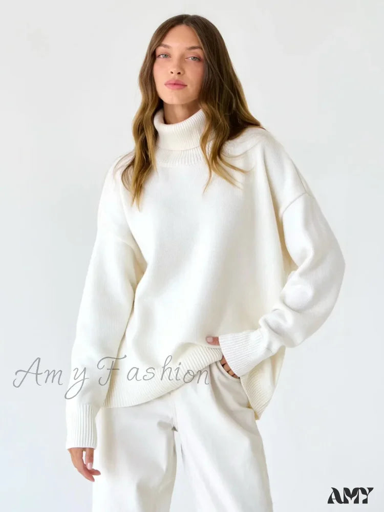 Turtleneck Autumn Winter Knit Oversized Loose Casual Solid Sweater