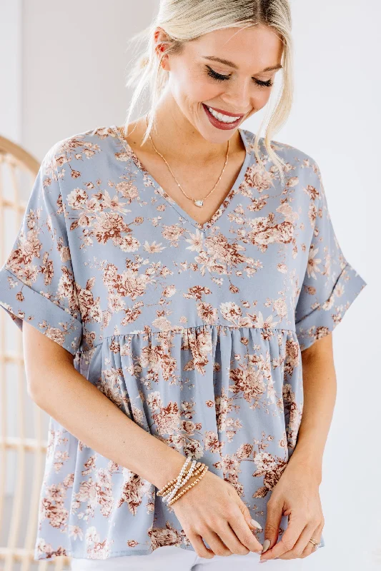 At This Level Blue Floral Babydoll Top