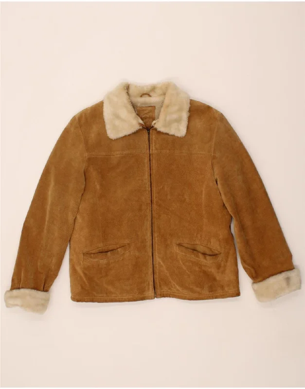 VINTAGE Womens Sherpa Suede Jacket UK 14 Medium Brown Leather