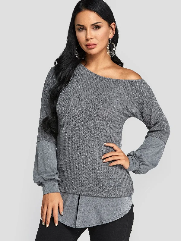 Custom One Shoulder Long Sleeve Stitching Hem Grey T-Shirts