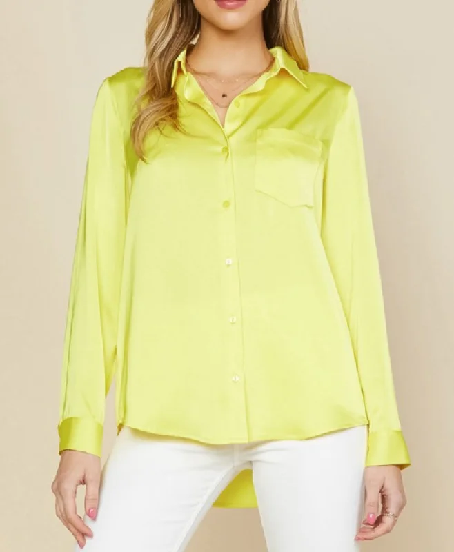 Long Sleeve Satin Button Down Top in Sunshine Yellow