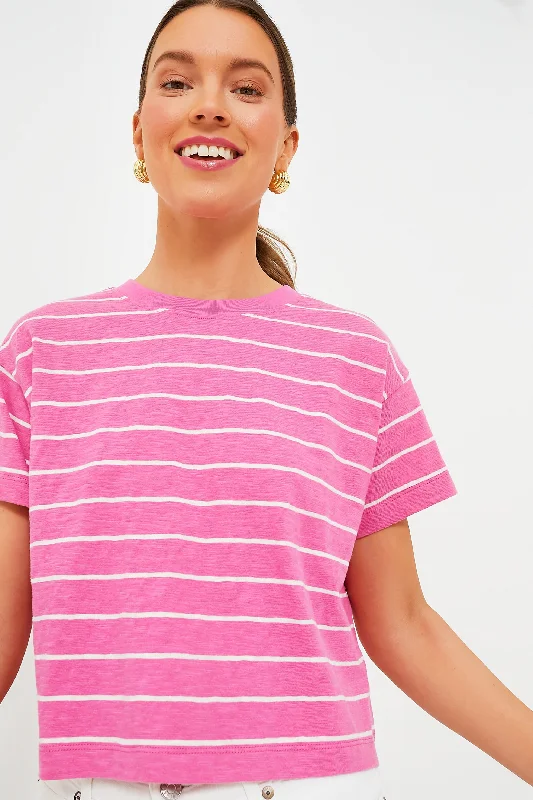 Pink and Skipper Blue Stripe Heavy Slub Boxy Crew Crop Tee