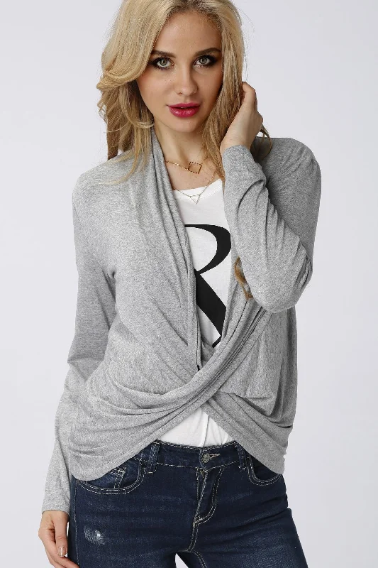 Custom Drape Sagging Long Sleeve Irregular Hem Grey Top