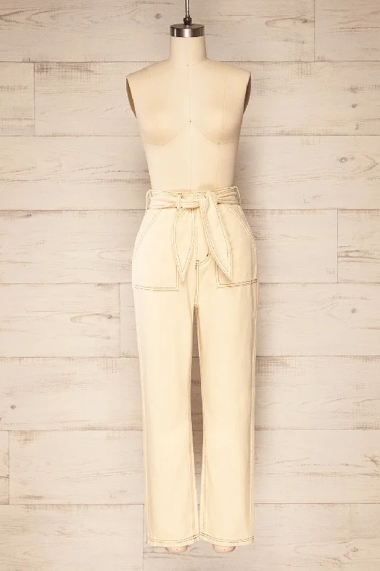 Mostoles | High-Waisted Beige Denim Pants w/ Belt