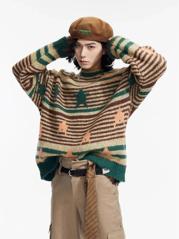 Y2K Vintage Stars Striped Knitted Sweater