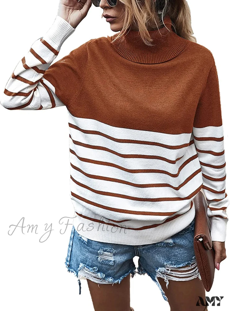 Amy Fashion - Women��s Turtleneck Knitted Long Sleeves Stripe Sweater