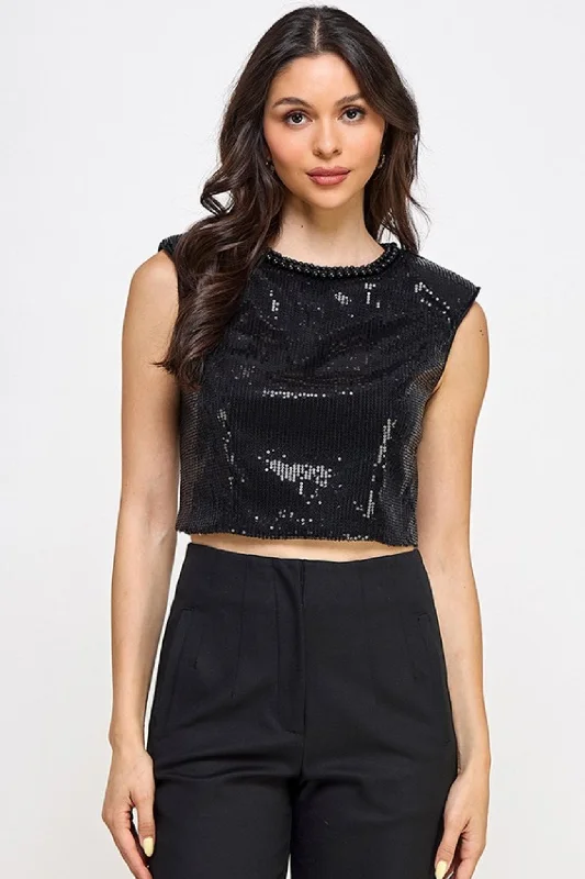 Sequin Stud Neck Trim Top