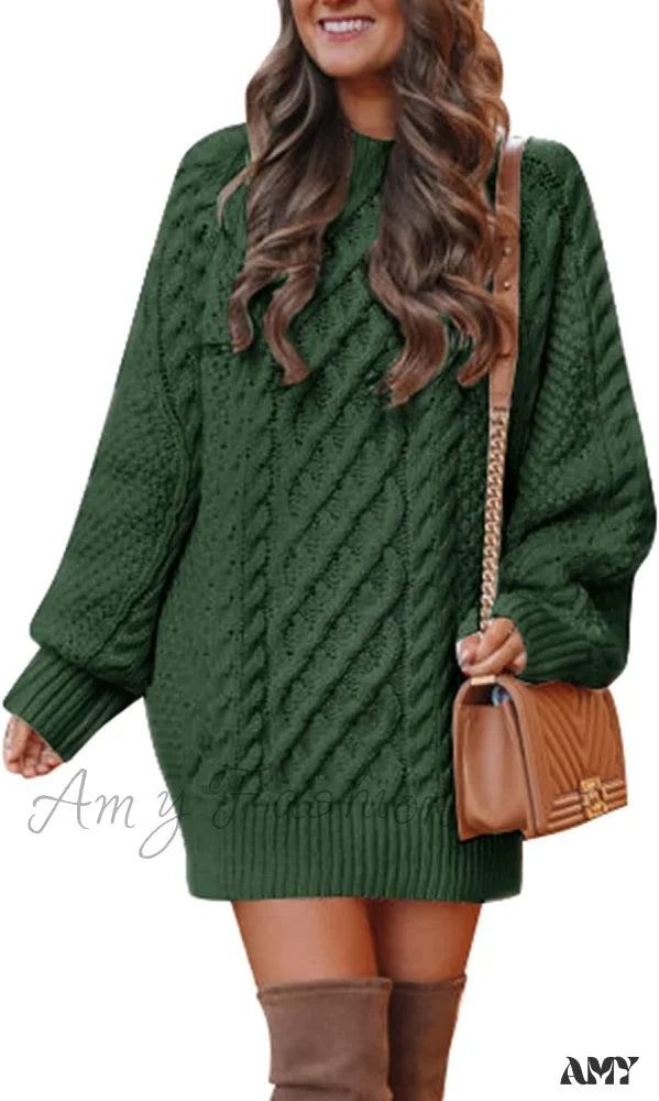 Amy Fashion - Women's Crewneck Long Sleeve Cable Knit Sweater Dress