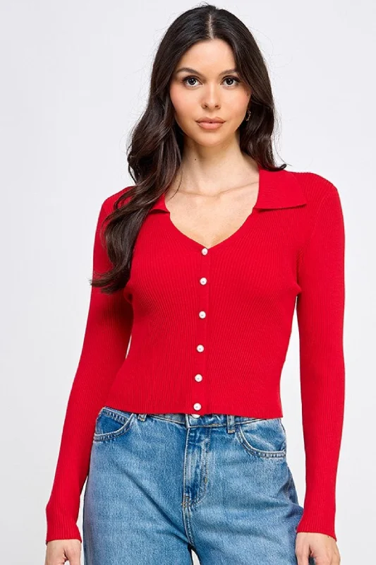 Pearl Button Down Cardigan in Red