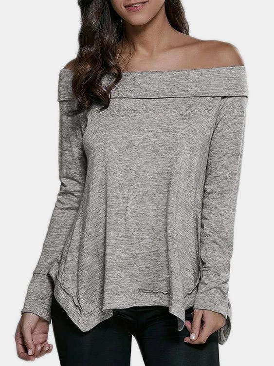 Custom Off The Shoulder Slit Long Sleeve Irregular Hem Grey T-Shirts