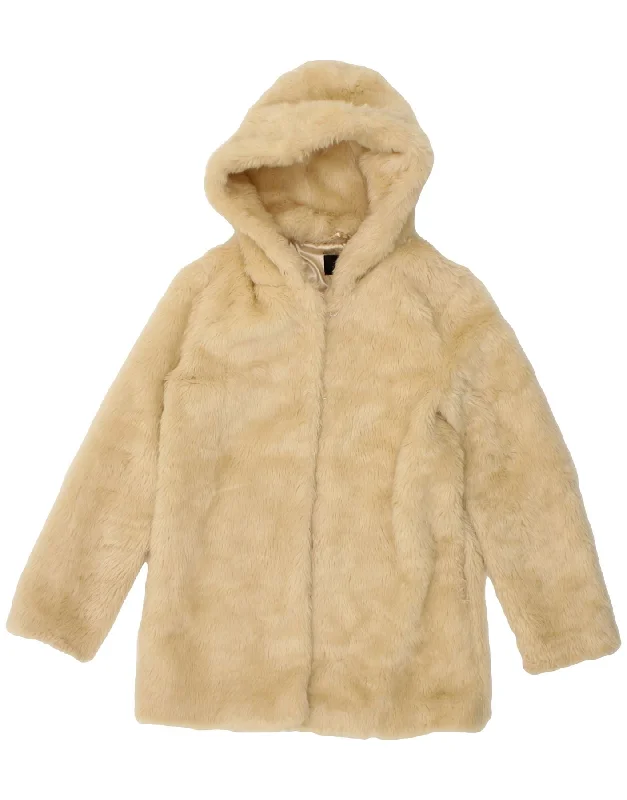 VINTAGE Womens Hooded Faux Fur Coat UK 12 Medium Beige Polyester