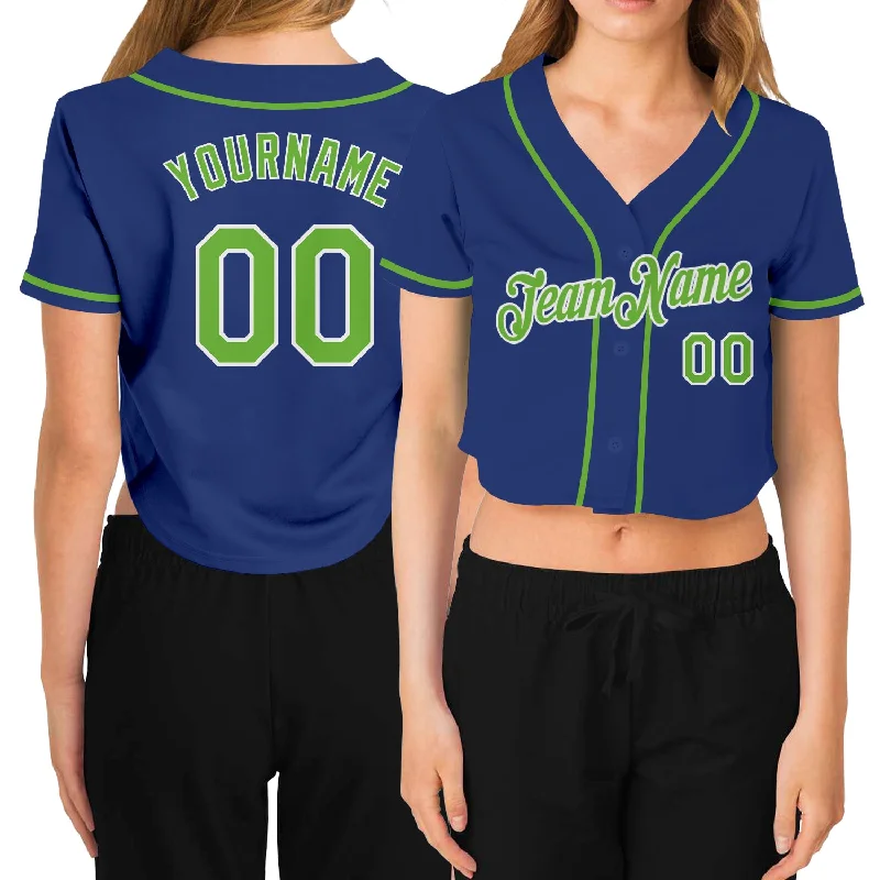 Custom Women's Royal Neon Green-White V-Neck Cropped Baseball Jersey