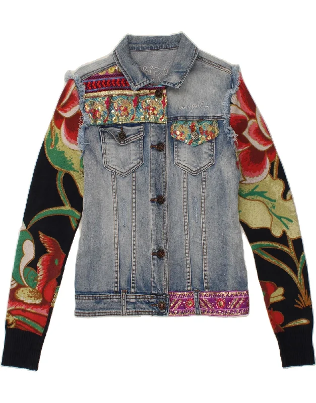 DESIGUAL Womens Graphic Denim Jacket EU 38 Medium Blue Floral Cotton