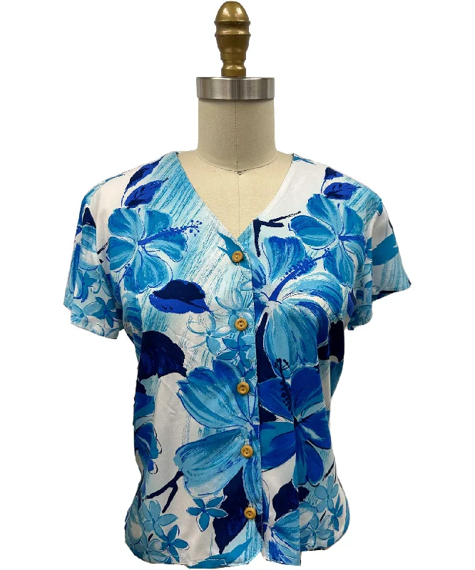 Ladies Watercolor Hibiscus Blue V-Neck Blouse