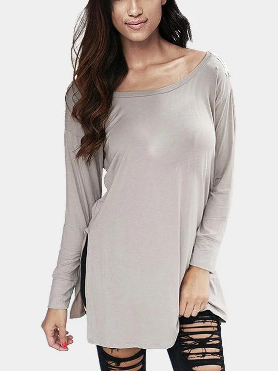 Custom Round Neck Lace Long Sleeve Slit Hem Grey T-Shirts