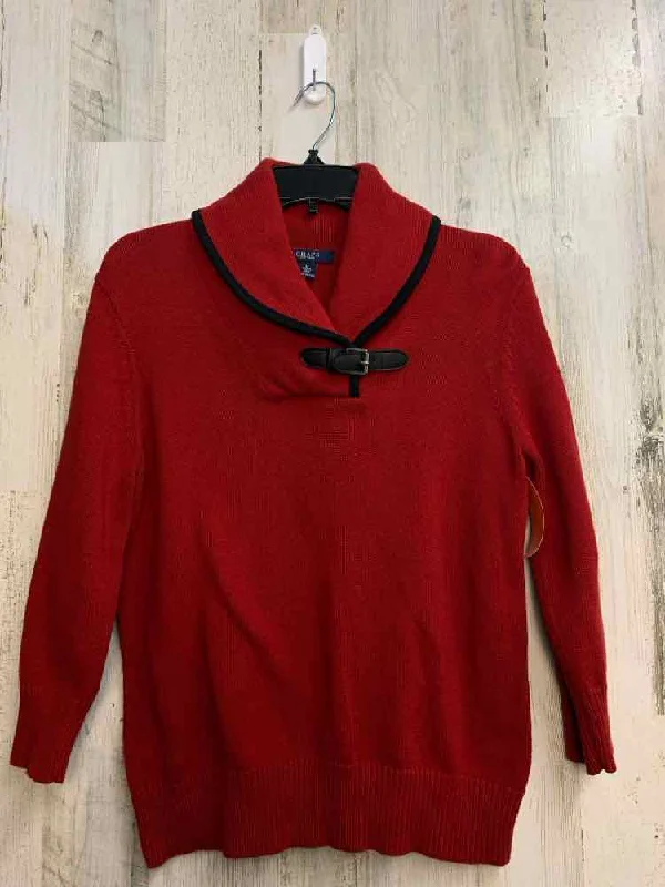 PRE-OWNED CHAPS Tops Size M Red LONG SLEEVES TOP/SWEATER W/BUCKLE AT NECKLINE