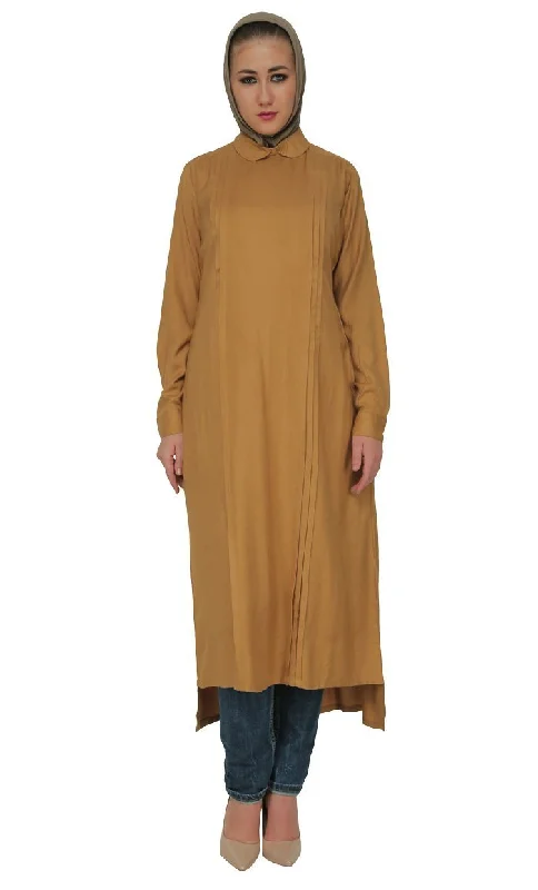 Pleated Panels And Peter Pan Collared Shirt Style Long Tunic (Mustard)