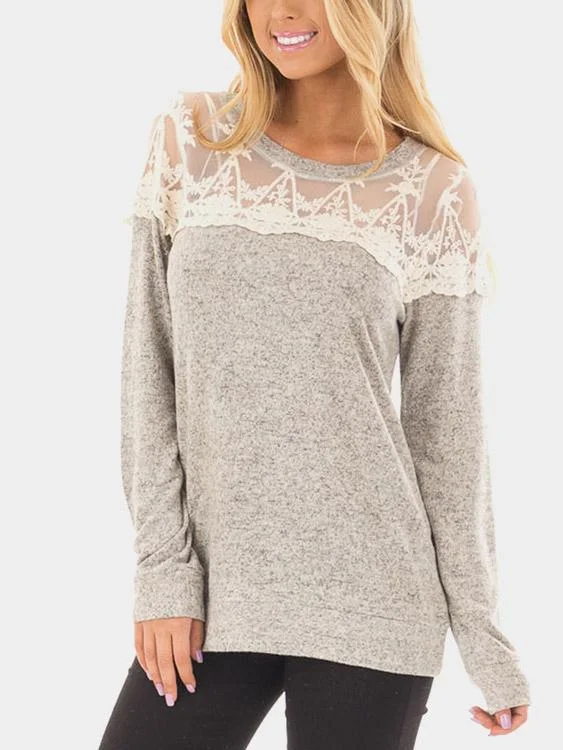 Custom Crew Neck Lace Long Sleeve Grey T-Shirts