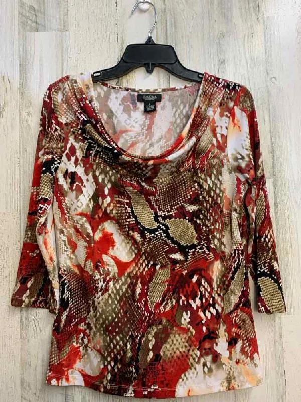 PRE-OWNED PECK&PECK Tops Size S RED/TAN SNAKE PRINT LONG SLEEVES TOP/SCOOP NECK