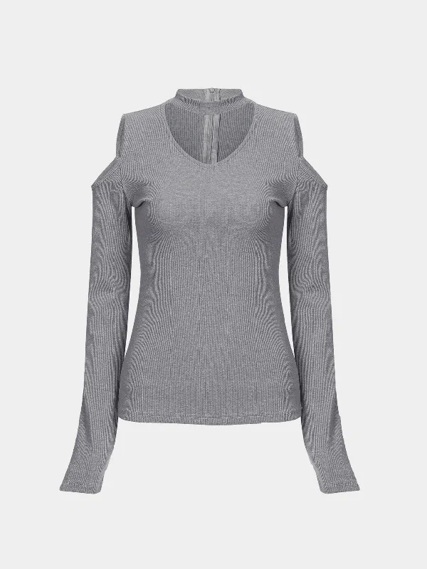 Custom Cold Shoulder Zip Back Long Sleeve Grey T-Shirts