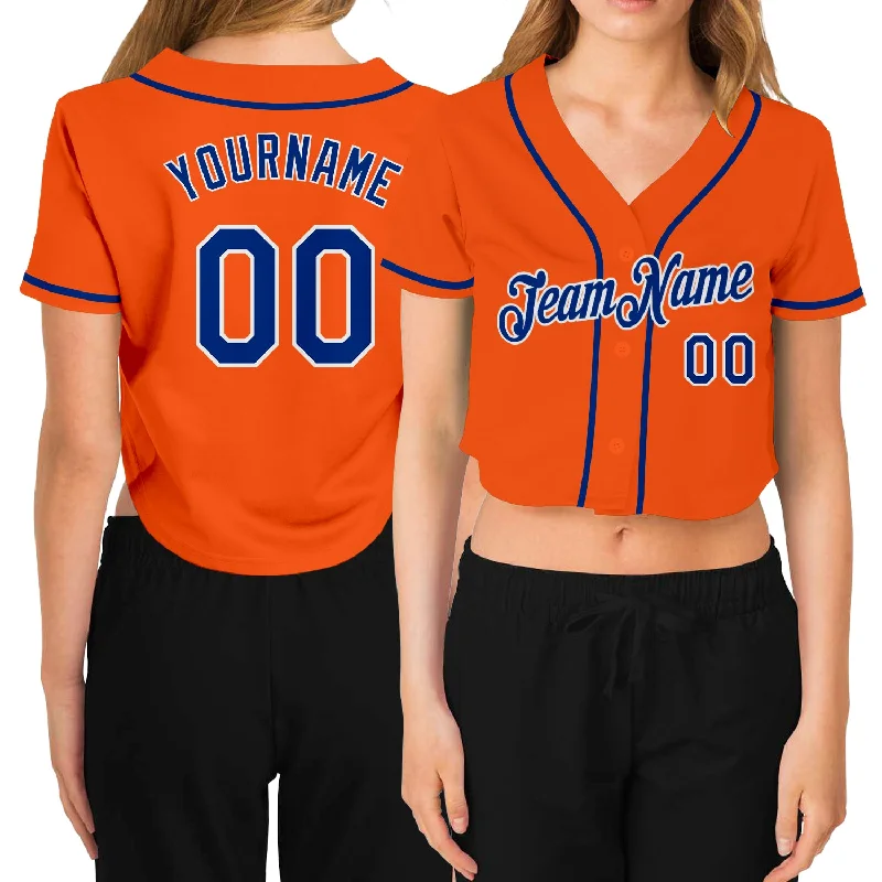 Custom Women's Orange Royal-White V-Neck Cropped Baseball Jersey