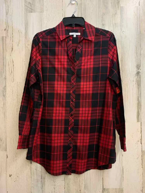 FOXCROFT Tops Size 10 RED/BLK Plaid LONG SLEEVES Shirt