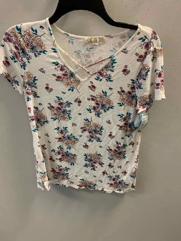 PINK ROSE Tops Size L WHT/AQUA/BLK/PNK FLORAL BIRDS TOP