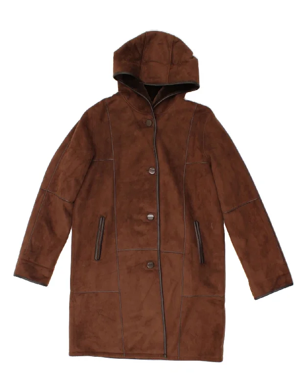 GALLERY Womens Hooded Shearling Coat UK 14 Medium Brown