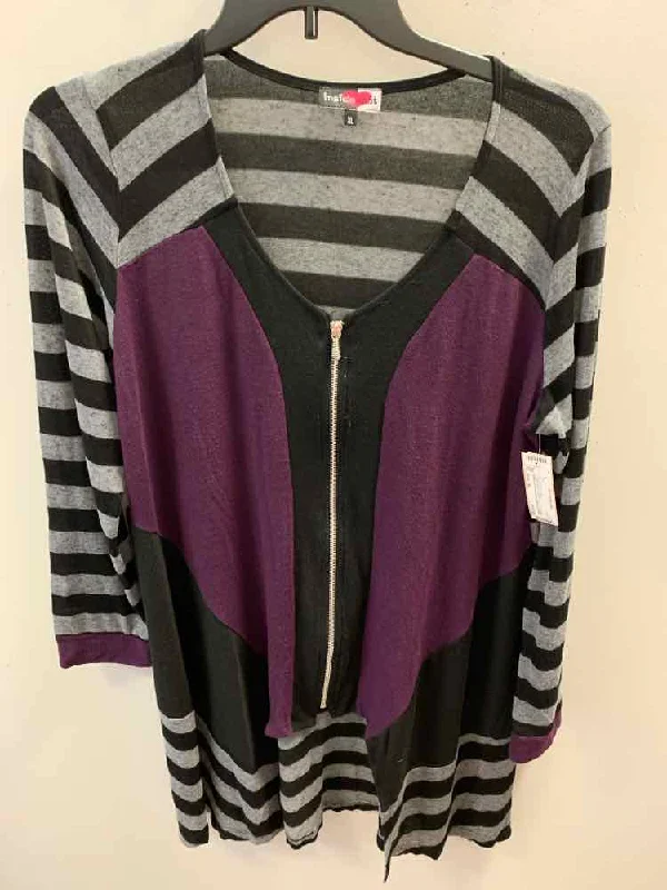 PRE-OWNED Tops Size XL PUR/BLK/GRY/CRM STRIP/X'S LONG SLEEVES TOP