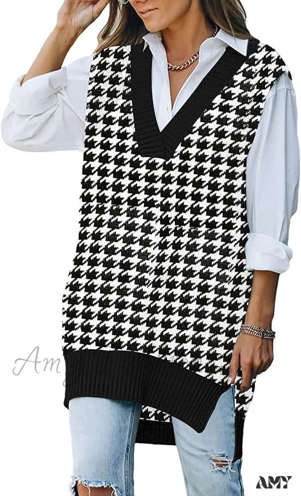 Amy Fashion - Women's Oversized V Neck Knit Sweater Vest Tunic Sleeveless Pullover Top