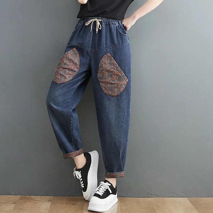 Boutique Blue elastic waist drawstring Pockets Patchwork Denim Pants Spring