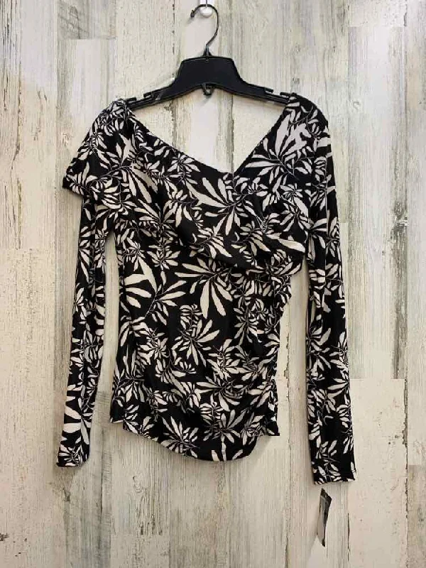 NWT INC Tops Size S BLK/WHT LEAVES LONG SLEEVES TOP/BLACK W/ WHITE LEAVES PRINT