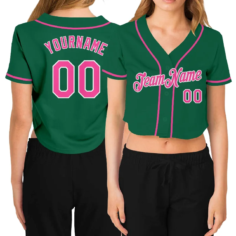 Custom Women's Kelly Green Pink-White V-Neck Cropped Baseball Jersey