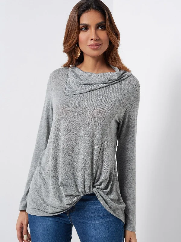 Custom Lapel Collar Crossed Front Long Sleeve Grey Top