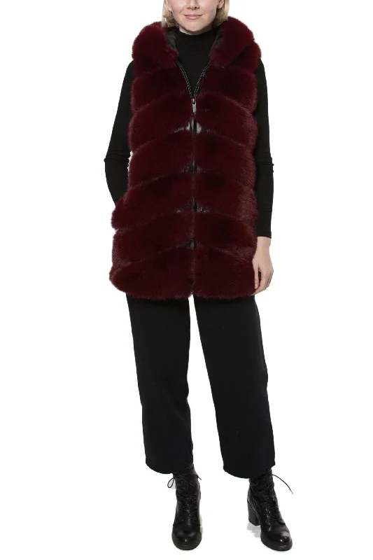 NANTES - Chevron Faux Fur Longline Hooded Vest